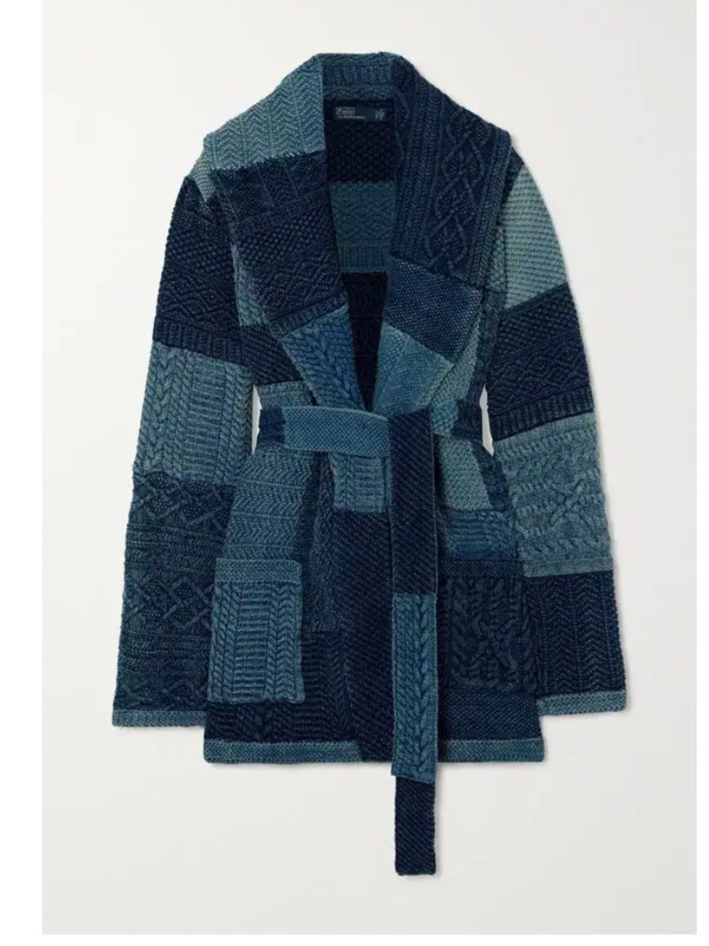 Polo by Ralph Lauren Patchwork Cable-Knit Sweater Jacket in Teal and Navy